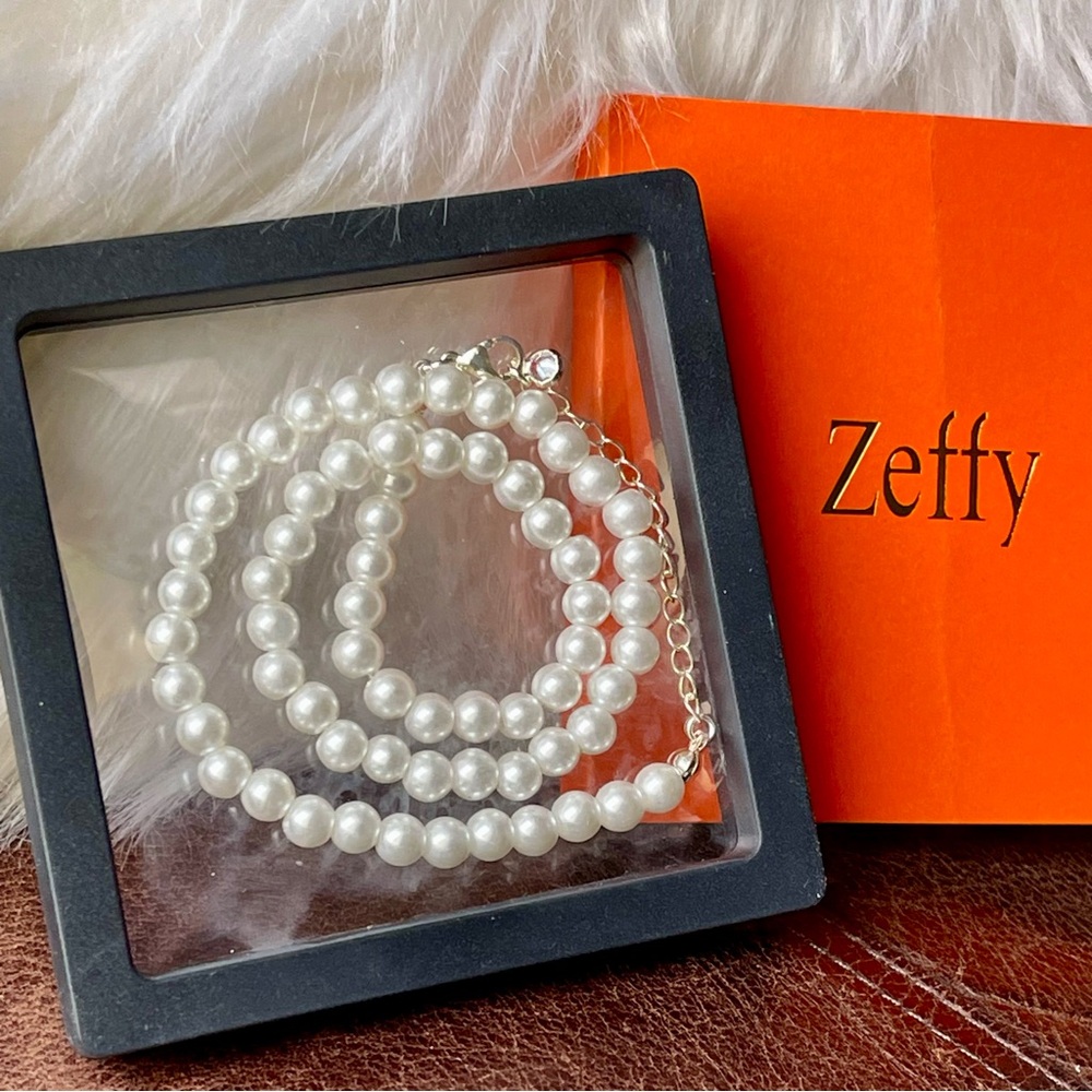 Zeffy | White Faux Pearl Silver Tone Choker Necklace Elegant Jewelry NIB